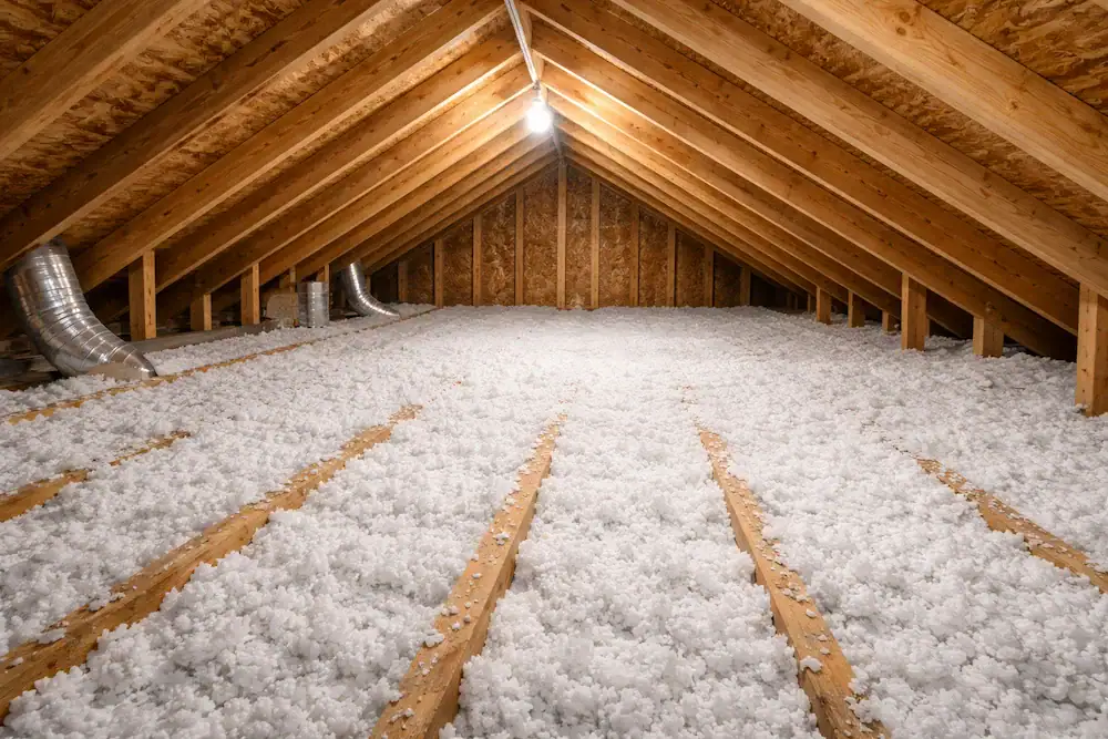 Attic with blown-in insulation evenly covering floor between joists
