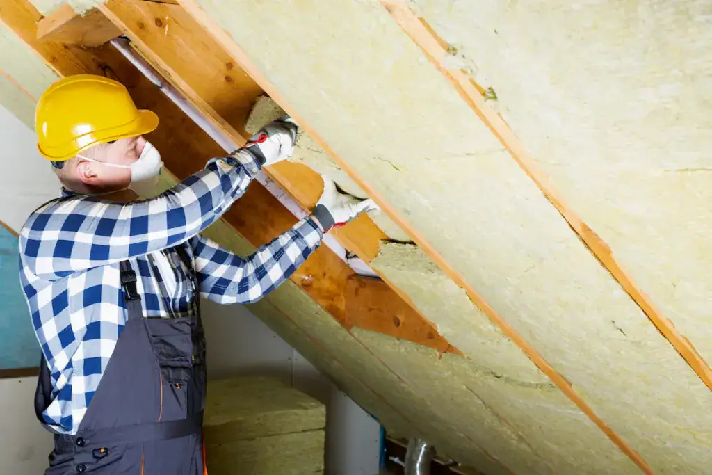 Contractor installing batt insulation between attic rafters