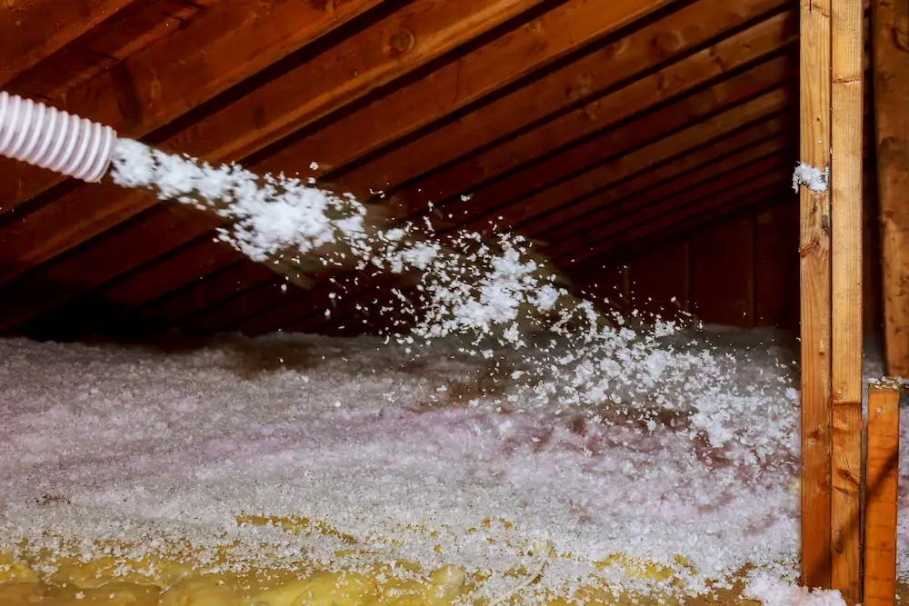 Blown-in insulation being added on top of existing attic insulation